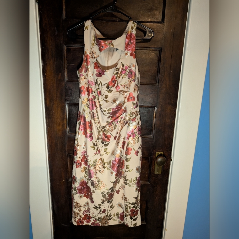 Adrianna Papell Cream Midi Dress with Pink & Burgundy Floral Print
